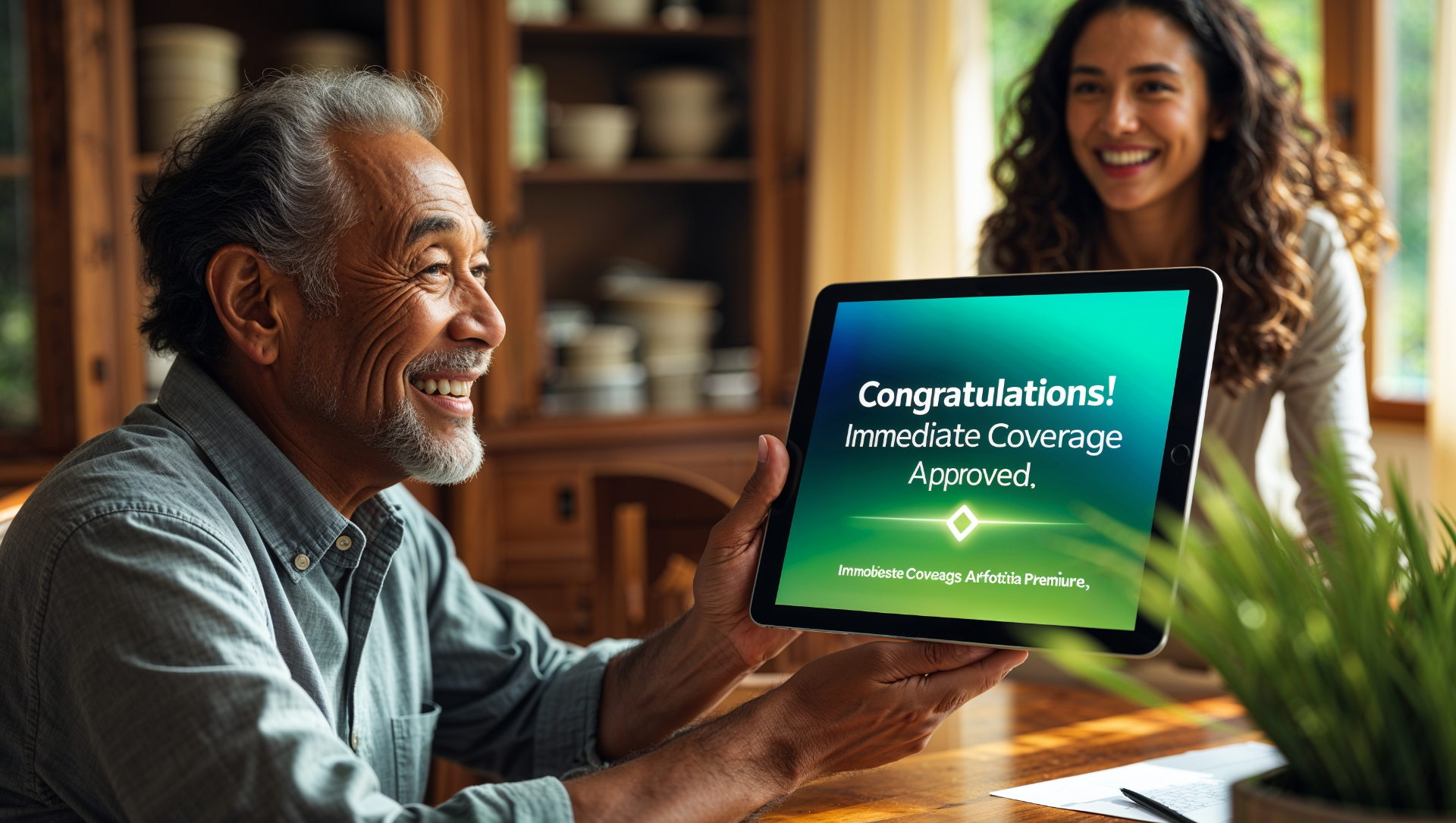 Senior man smiling while viewing approved life insurance coverage on tablet, with family member in background