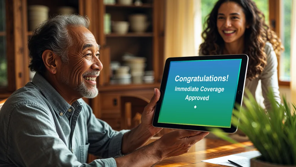 Senior man smiling while viewing approved life insurance coverage on a tablet