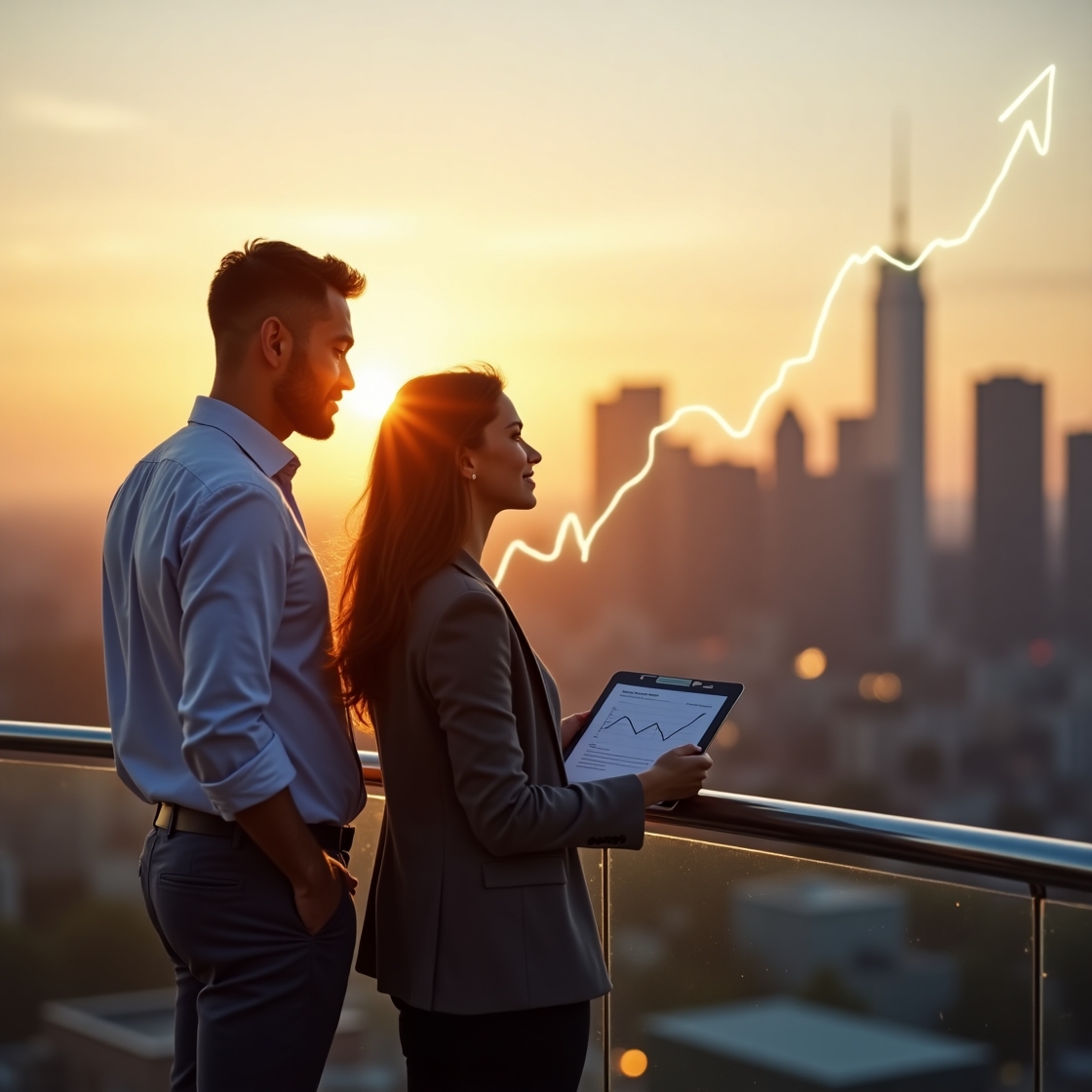 Financial professionals reviewing growth potential of Indexed Universal Life Insurance with city skyline