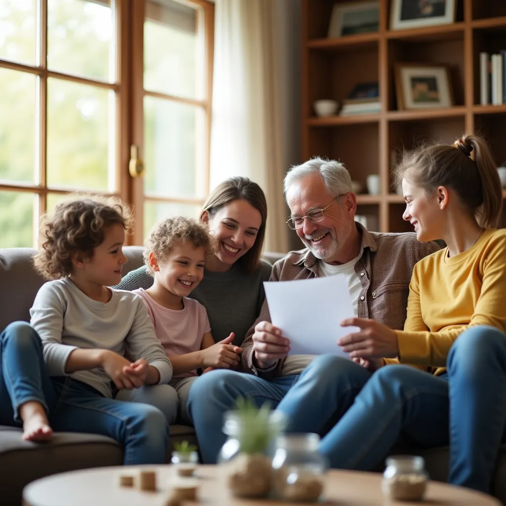 Multi-generational family reviewing documents together on couch