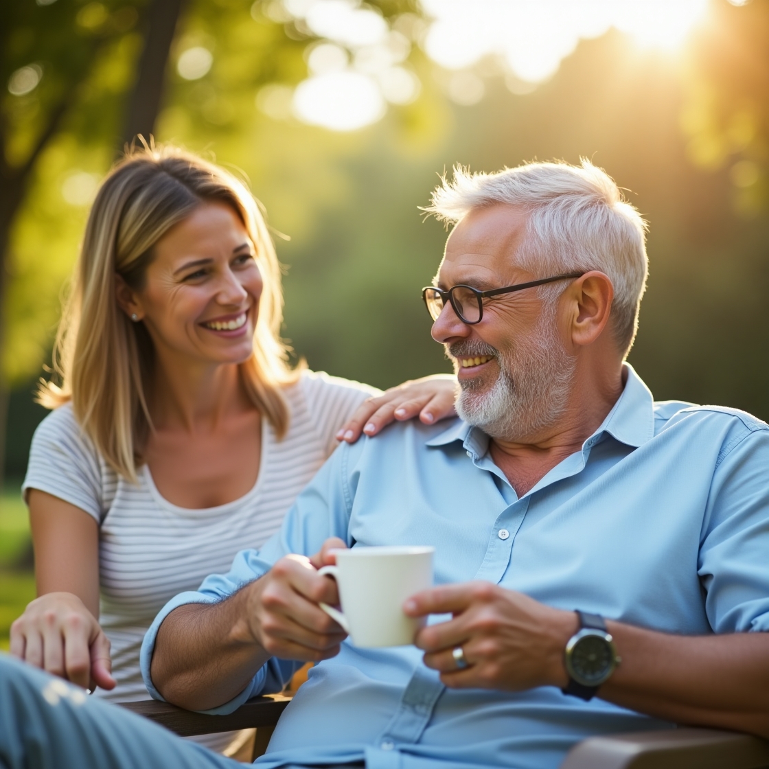 Adult daughter and senior father sharing a moment outdoors